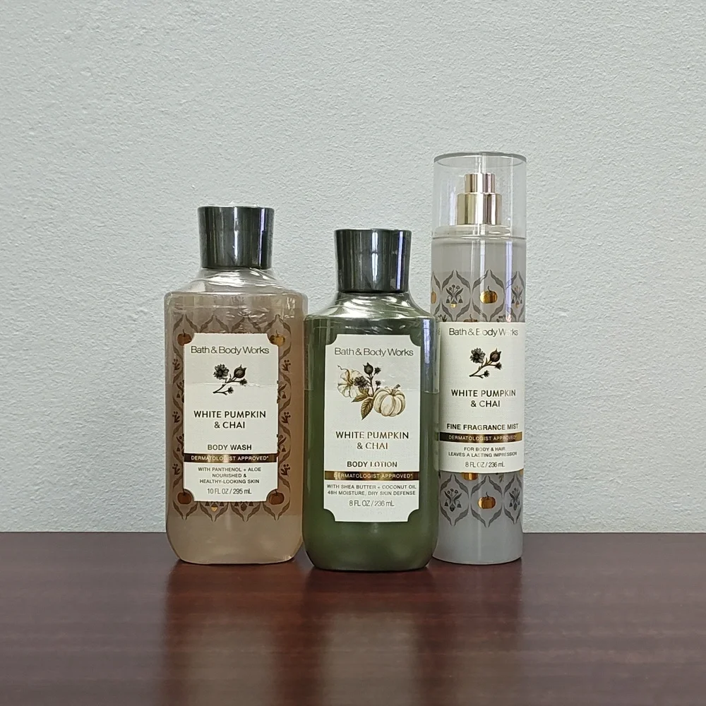 Bath & Body Works WHITE PUMPKIN & CHAI 3 Piece Body Care Bundle Set